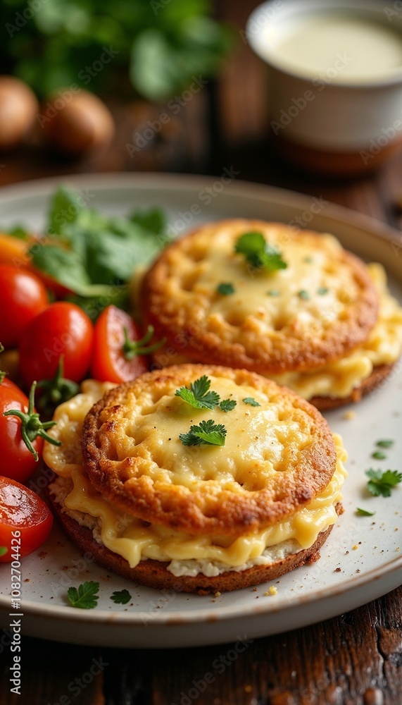 Savory cheese pancakes filled with creamy egg yolk and served with cherry tomatoes on a rustic plate Savory cheese pancakes filled with creamy egg yolk and served with cherry tomatoes on a rustic plate