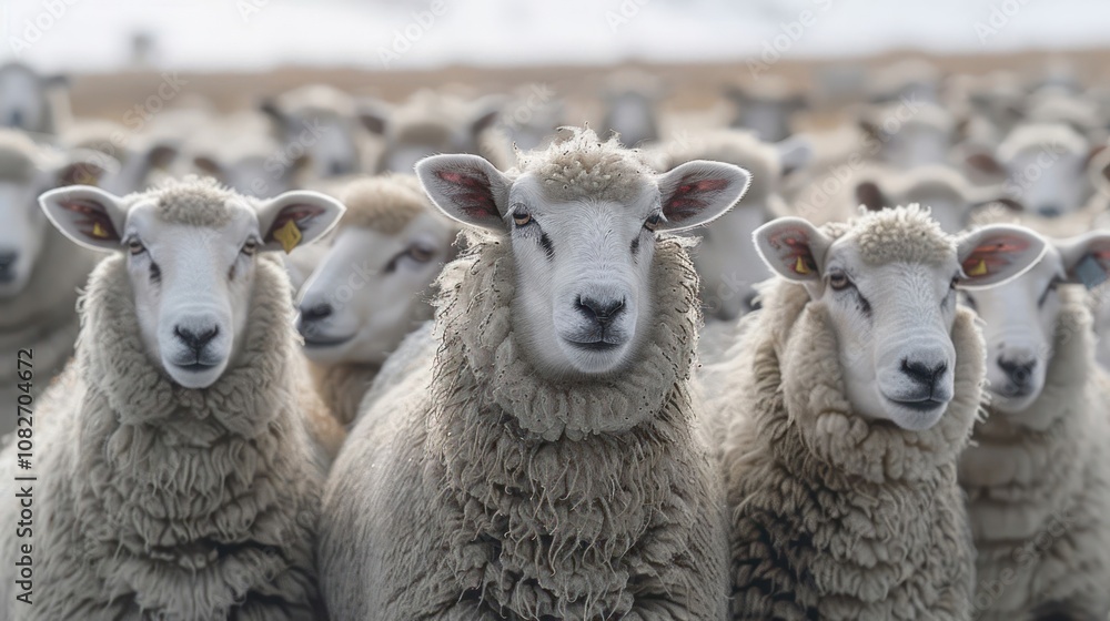 Fototapeta premium A group of sheep standing in a field, looking directly at the camera.