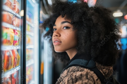 Young woman choosing food from vending machine at night