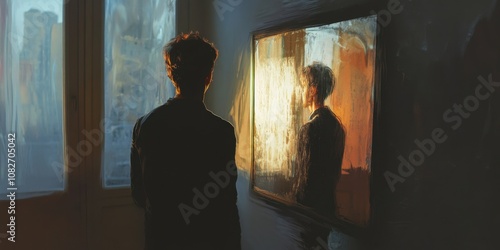A person standing in front of a mirror but their reflection appears blurred, representing a distorted self-image