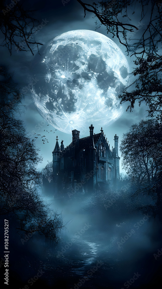 Illustration of Haunted Castle, Full Moon, and Dark Forest Illustration of Haunted Castle, Full Moon, and Dark Forest