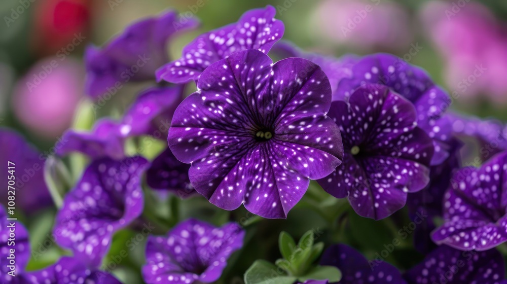A close-up of a cluster of purple petunias with white speckles. A close-up of a cluster of purple petunias with white speckles.
