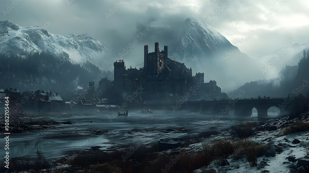Fototapeta premium Illustration Dark Castle, Winter Mountains, River, Bridge