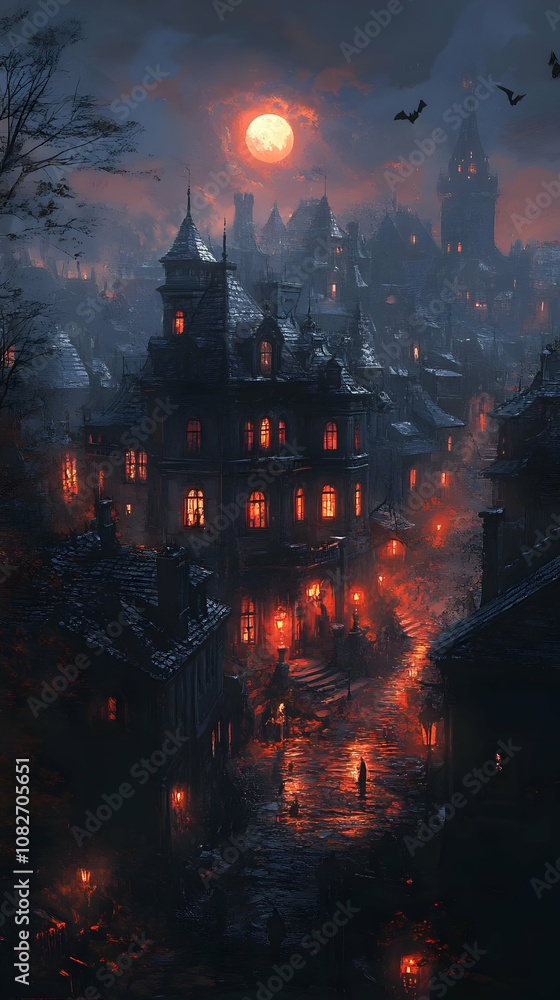 Fototapeta premium Illustration - Gothic Town on Halloween Night with Bats and Full Moon