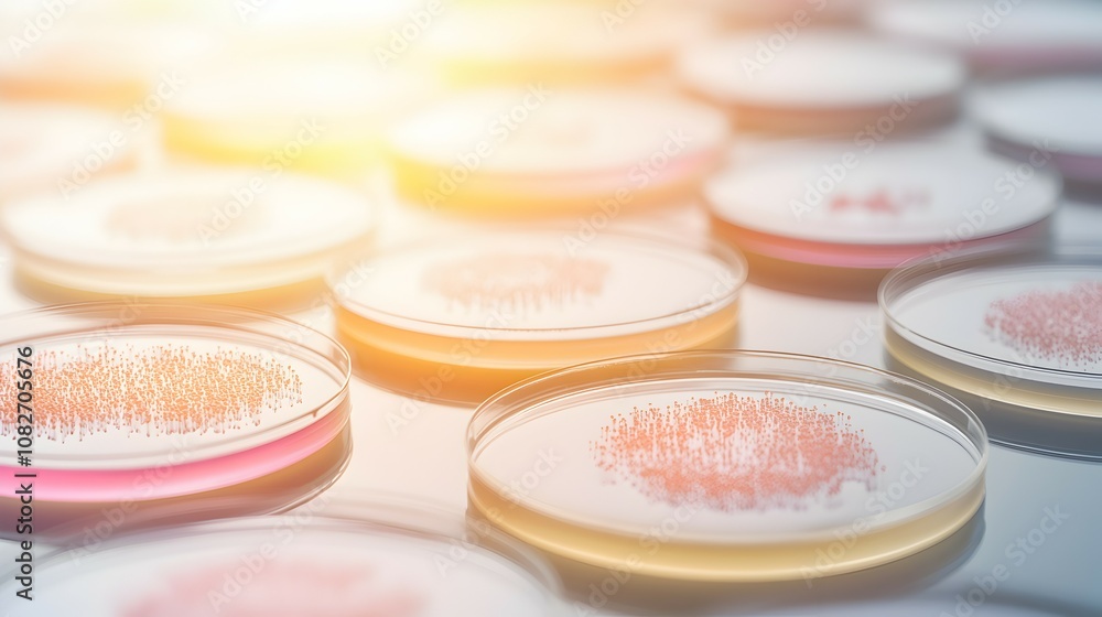 Vibrant Microbial Cultivation in Petri Dishes - Captivating Laboratory Experiment Showcasing Diverse Bacterial Colonies and Unique Growth Patterns Under Soft Lighting Vibrant Microbial Cultivation in Petri Dishes - Captivating Laboratory Experiment Showcasing Diverse Bacterial Colonies and Unique Growth Patterns Under Soft Lighting
