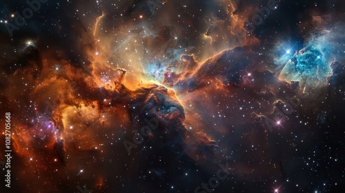 A vibrant nebula, a celestial cloud of gas and dust, glows in shades of orange, blue, and purple against a backdrop of twinkling stars.