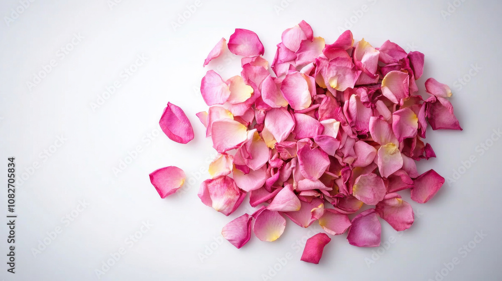 Delicate pink rose petals scattered on white background create serene and romantic atmosphere, perfect for various decorative uses Delicate pink rose petals scattered on white background create serene and romantic atmosphere, perfect for various decorative uses