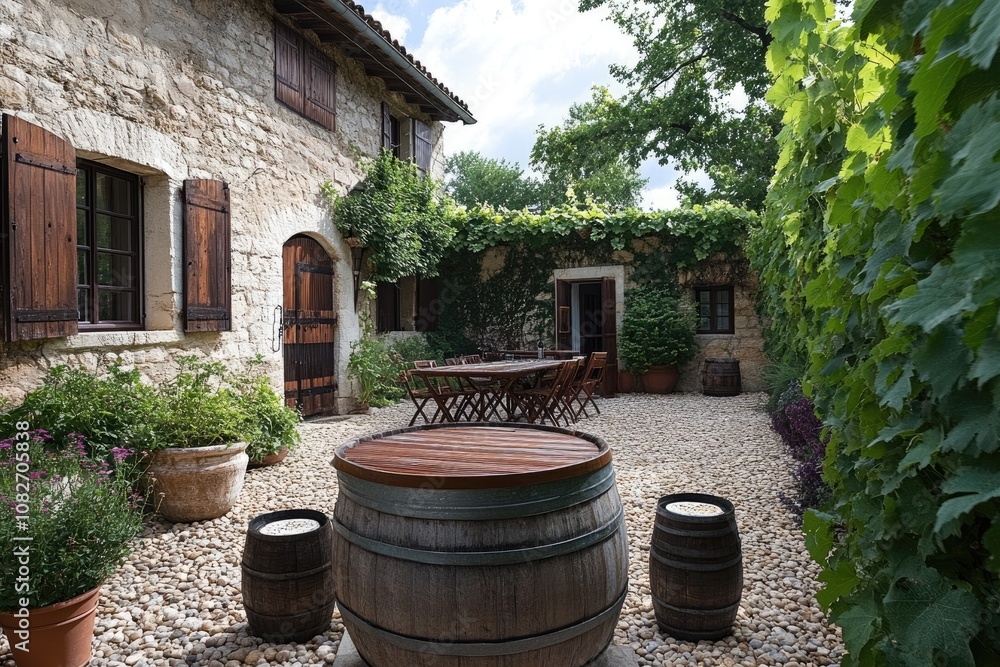 Naklejka premium Wine barrels decorating a rustic courtyard in front of a stone house