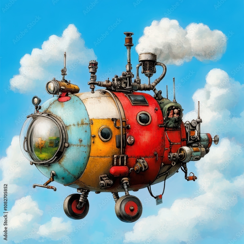 Whimsical Retro Airship Colorful Steampunk Flight Cloud Scenery Whimsical Retro Airship Colorful Steampunk Flight Cloud Scenery
