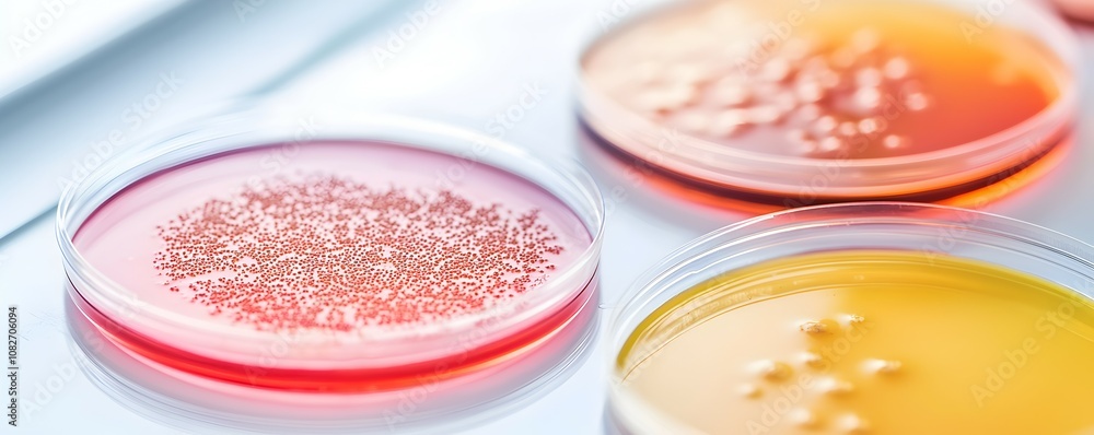 Vibrant Bacterial Colonies in Petri Dishes - Intricate Microbial Growth Patterns Showcased in Natural Lighting Vibrant Bacterial Colonies in Petri Dishes - Intricate Microbial Growth Patterns Showcased in Natural Lighting