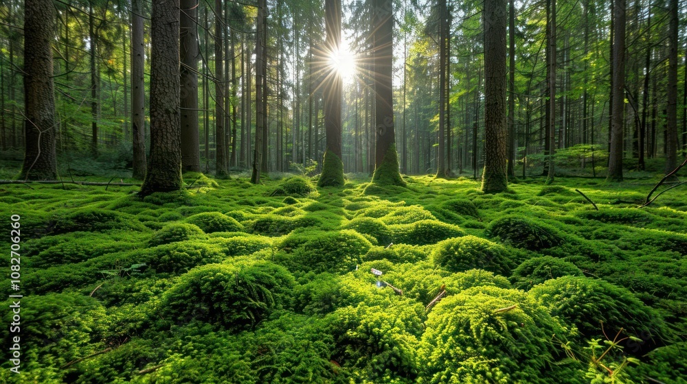 A vibrant carpet of green moss covers the forest floor, bathed in the golden light of the sun shining through the trees. A vibrant carpet of green moss covers the forest floor, bathed in the golden light of the sun shining through the trees.