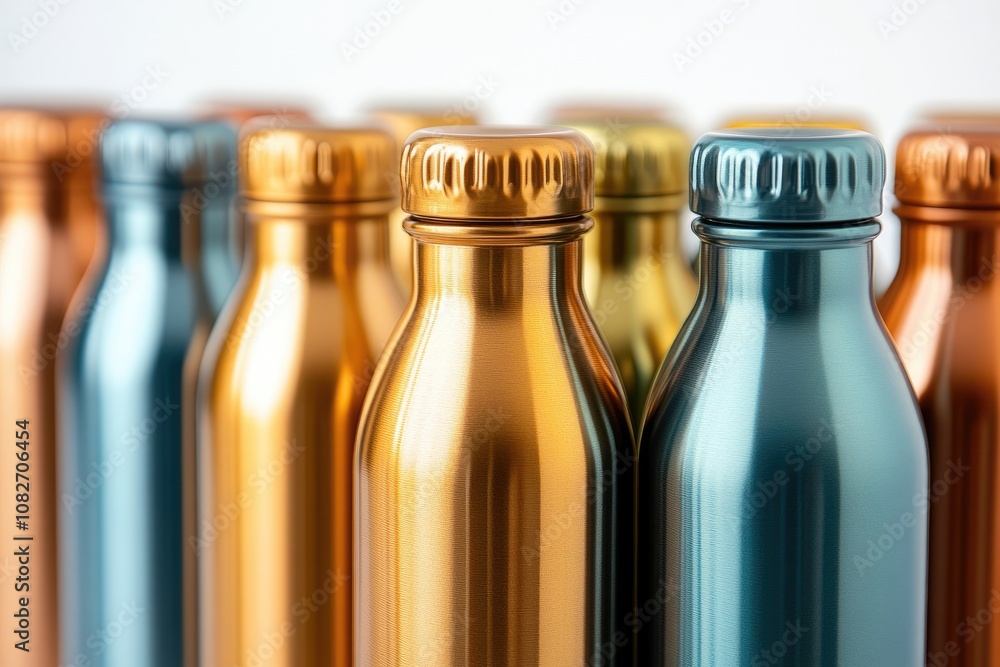 Obraz premium Many reusable stainless steel water bottles standing in a row, promoting sustainability and eco-conscious hydration