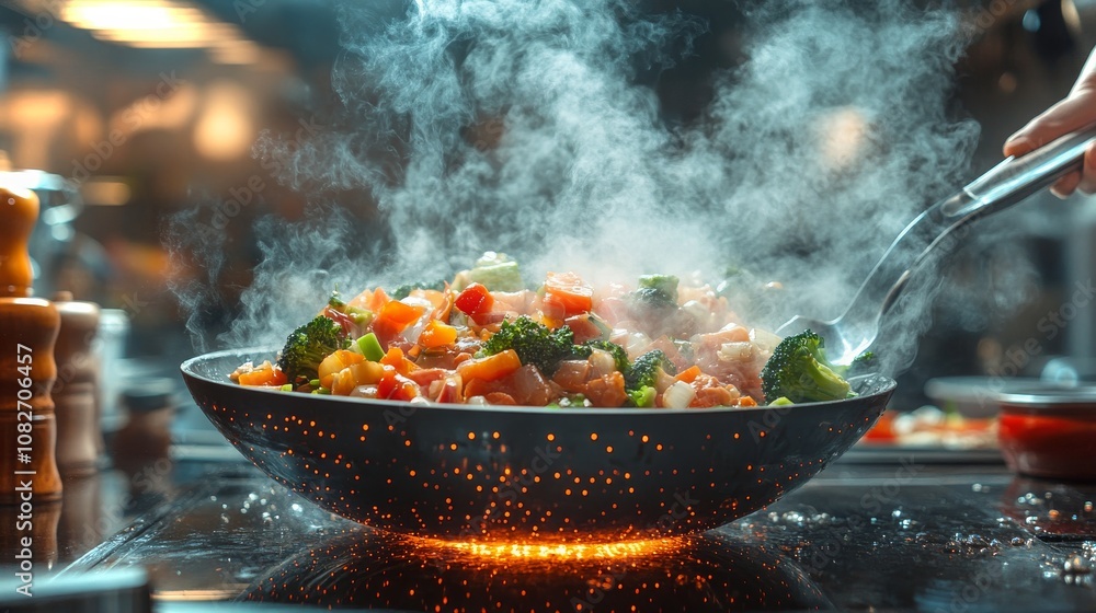 An android skillfully stir-frying colorful vegetables in a high-tech kitchen at dusk An android skillfully stir-frying colorful vegetables in a high-tech kitchen at dusk