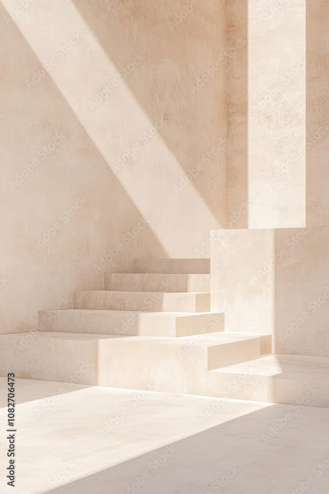 Minimalist beige concrete staircase with soft light and shadows Minimalist beige concrete staircase with soft light and shadows
