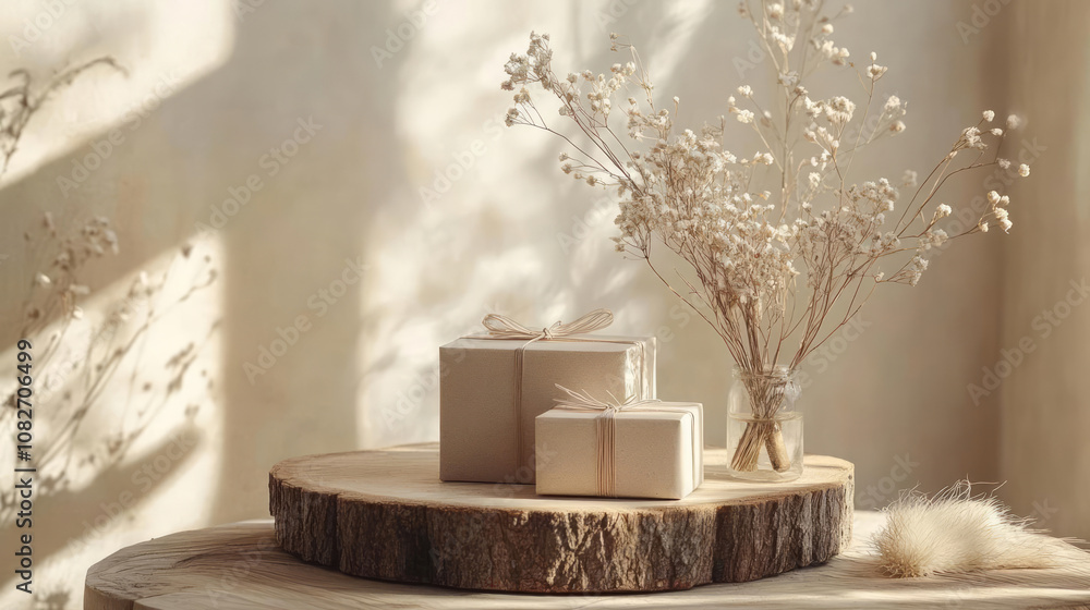 Elegant gift boxes in light brown paper with dried flowers Elegant gift boxes in light brown paper with dried flowers