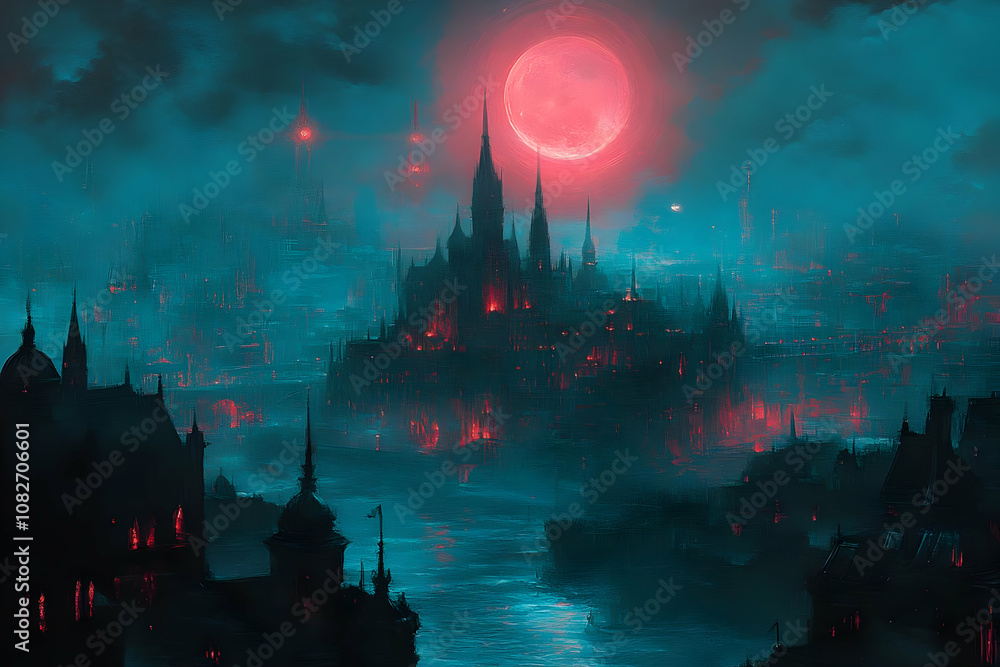 Fototapeta premium Gothic Illustration-Dark Castle, Red Moon, Cityscape