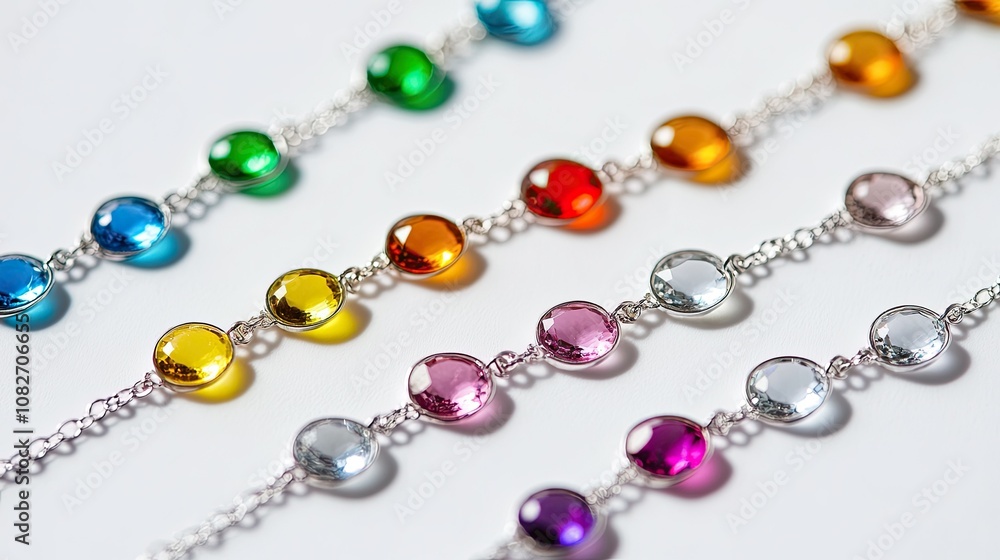 Colorful Gemstone Bracelets Displayed in a Row on White Surface, Showcasing Various Bright Colors and Dazzling Reflections for Jewelry Enthusiasts and Fashion Lovers Colorful Gemstone Bracelets Displayed in a Row on White Surface, Showcasing Various Bright Colors and Dazzling Reflections for Jewelry Enthusiasts and Fashion Lovers