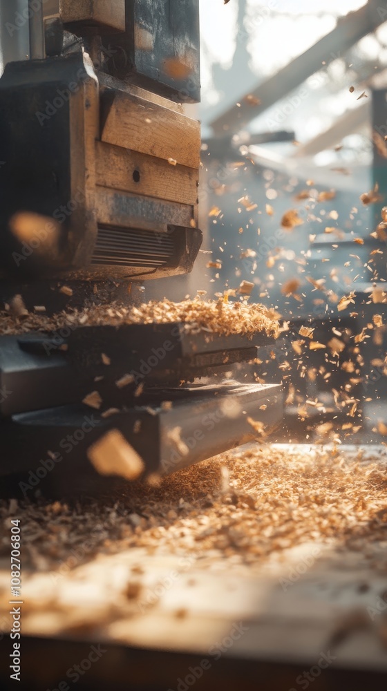 Worker skillfully operates wood planer amid flying wood shavings in a lively factory Worker skillfully operates wood planer amid flying wood shavings in a lively factory