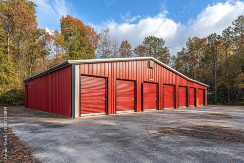 Red self storage units building with closed doors in autumn