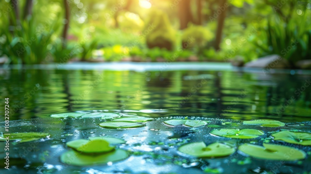 A serene pond with lily pads floating on the surface, surrounded by lush green foliage. The sun shines through the trees, casting a warm glow on the water. A serene pond with lily pads floating on the surface, surrounded by lush green foliage. The sun shines through the trees, casting a warm glow on the water.