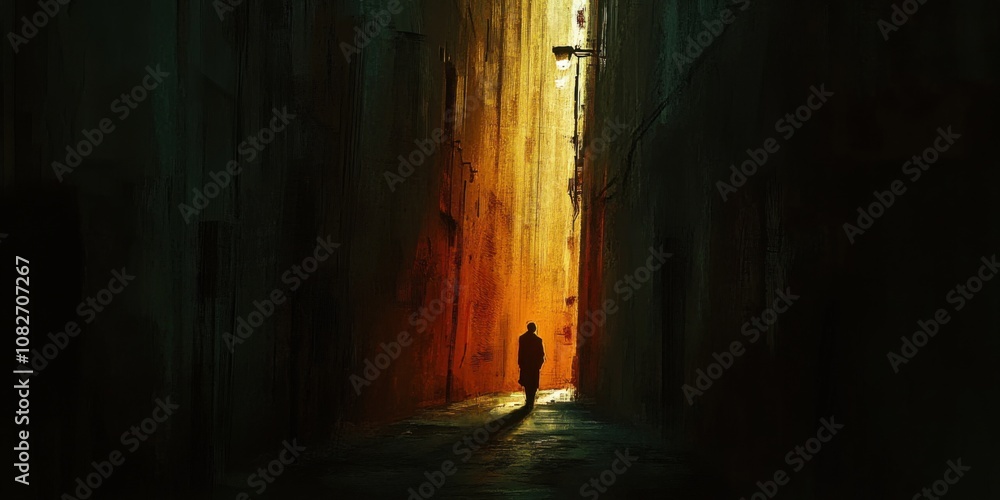 A person walking through a dark alley with a single light at the end, representing hope amidst darkness A person walking through a dark alley with a single light at the end, representing hope amidst darkness