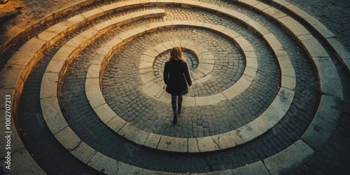 A person walking in a spiral-shaped path, symbolizing the cyclical nature of anxious thoughts