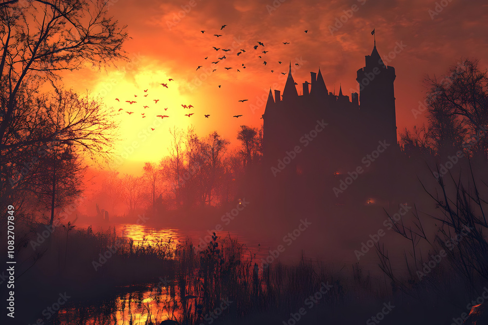 Illustration of Spooky Castle Silhouette at Sunset with Bats Illustration of Spooky Castle Silhouette at Sunset with Bats