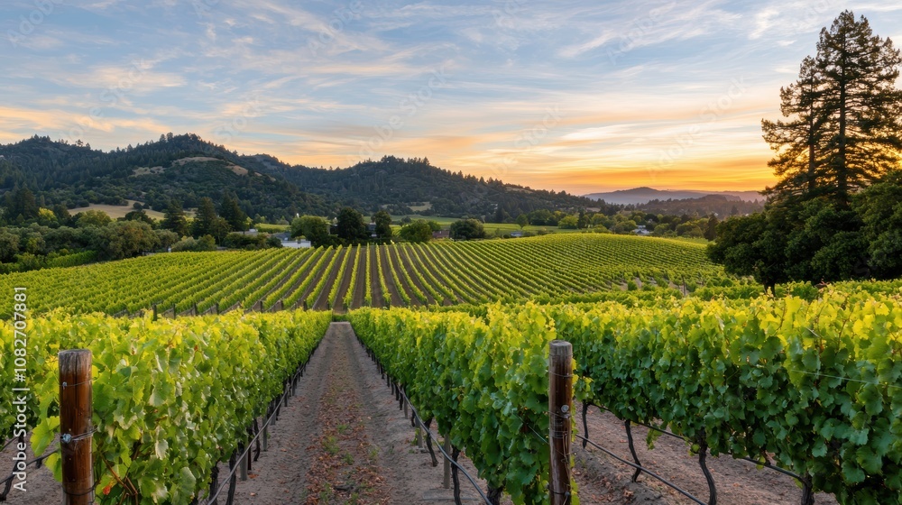 A charming countryside vineyard surrounded by rolling hills and grapevines in soft evening light A charming countryside vineyard surrounded by rolling hills and grapevines in soft evening light