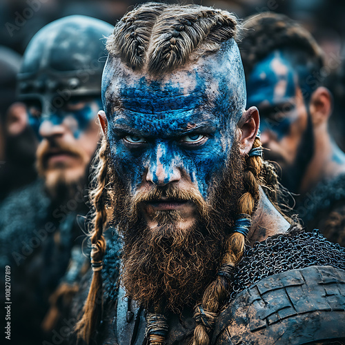 realistic photo of battalion of male and female warriors with blue face paint, showcasing their fierce expressions and battle ready attire. atmosphere is intense and dramatic photo