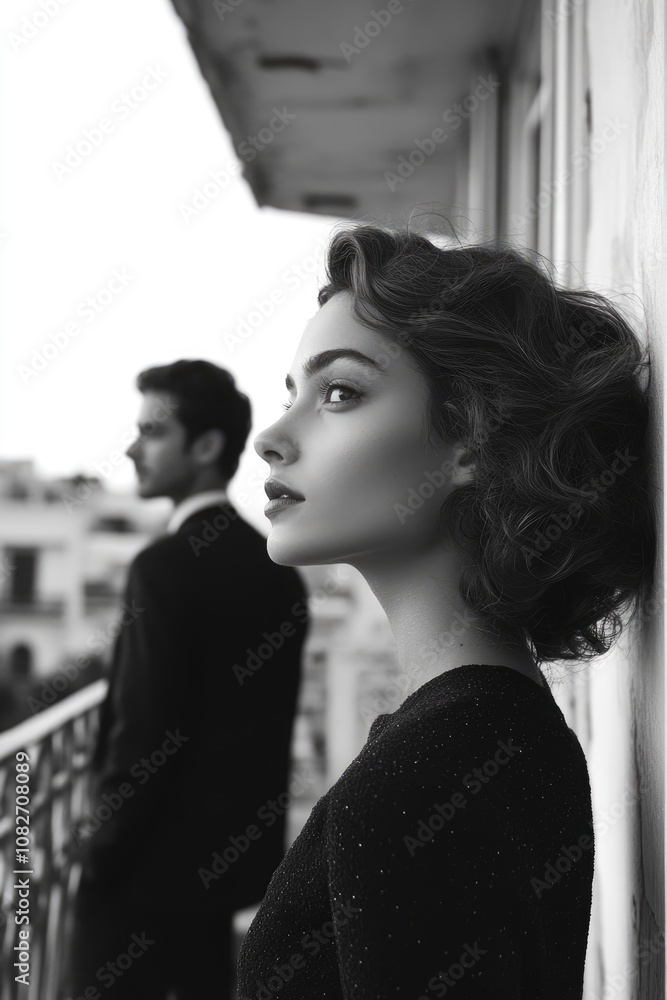 Elegant couple looking away on balcony, fashion portrait in black and white Elegant couple looking away on balcony, fashion portrait in black and white
