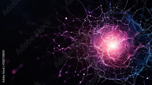 A vibrant, abstract depiction of interconnected lines and nodes, resembling a cosmic network, highlighted by a central glowing burst of light.