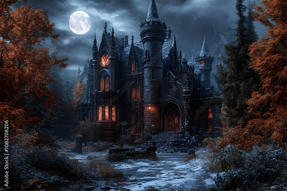 Gothic Castle Illustration, Night, Moon, Forest Gothic Castle Illustration, Night, Moon, Forest