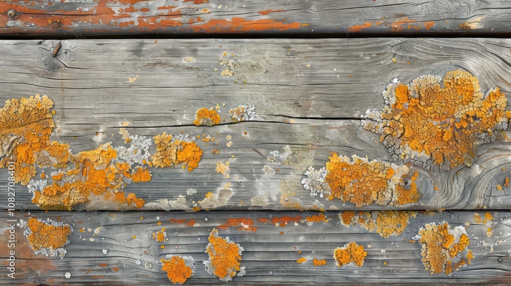 Fototapeta premium Close-up of weathered wooden planks with orange lichen growing on the surface.