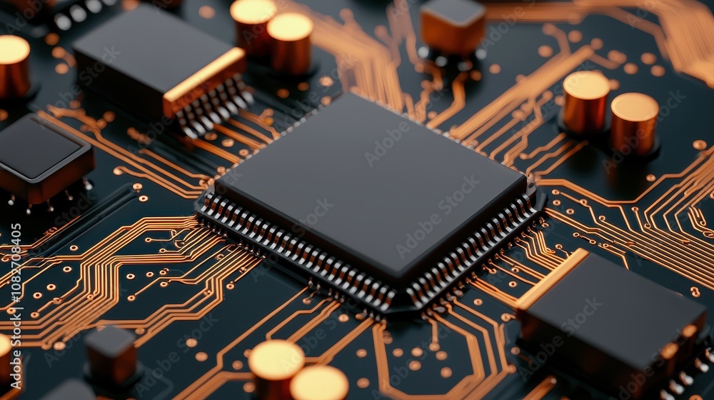 A close-up view of a circuit board featuring intricate patterns of copper traces, chips, and electronic components. A close-up view of a circuit board featuring intricate patterns of copper traces, chips, and electronic components.