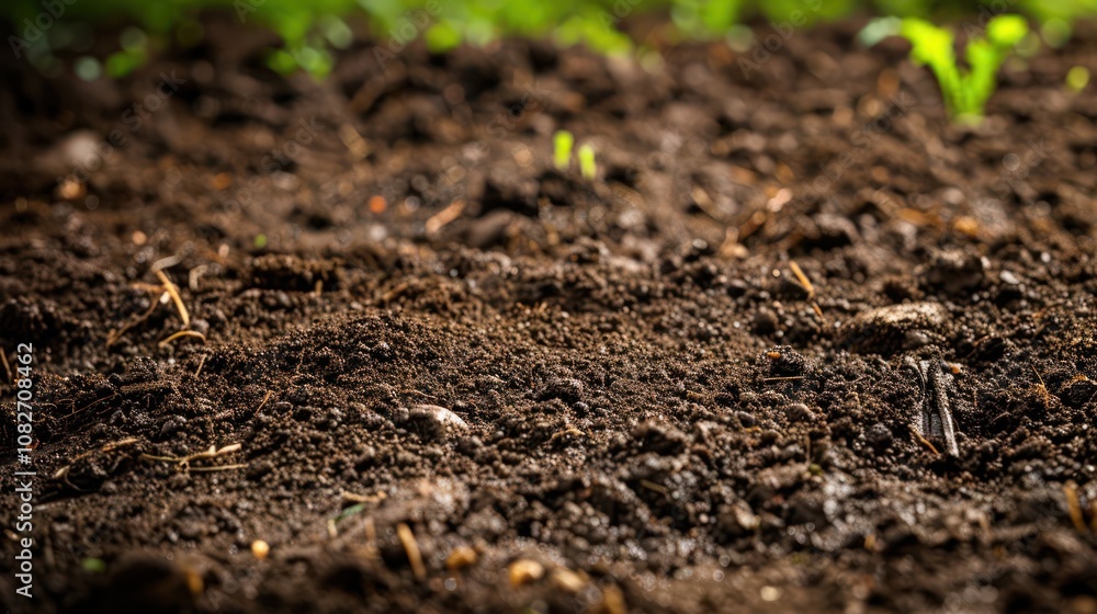 Close-up of rich, dark soil with small green seedlings emerging. Close-up of rich, dark soil with small green seedlings emerging.