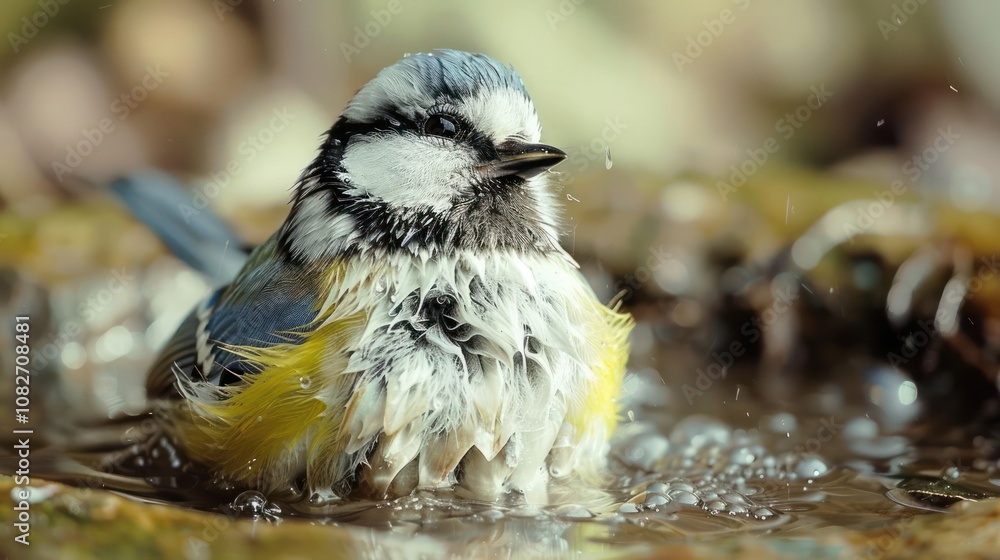Obraz premium A blue tit bird taking a bath in a puddle of water.