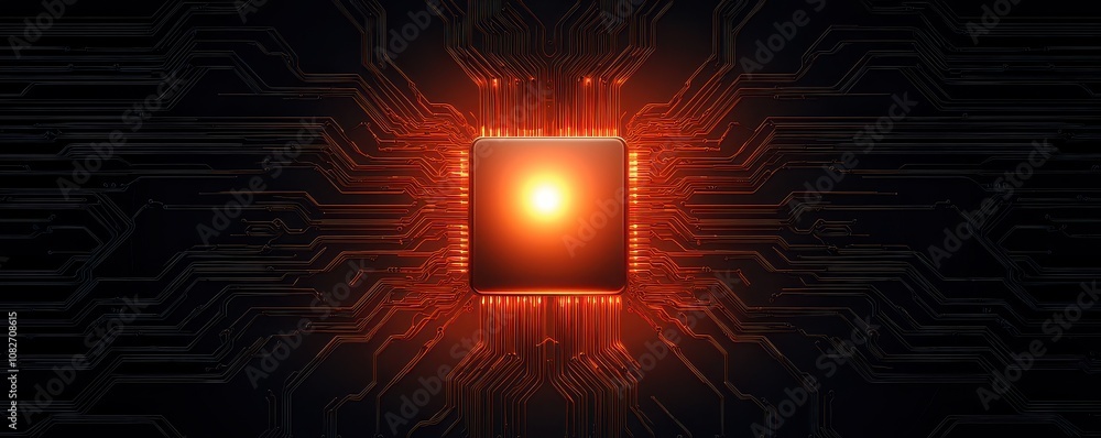 Naklejka premium A glowing microchip at the center, surrounded by a burst of light and digital patterns, symbolizing advanced technology and innovation.