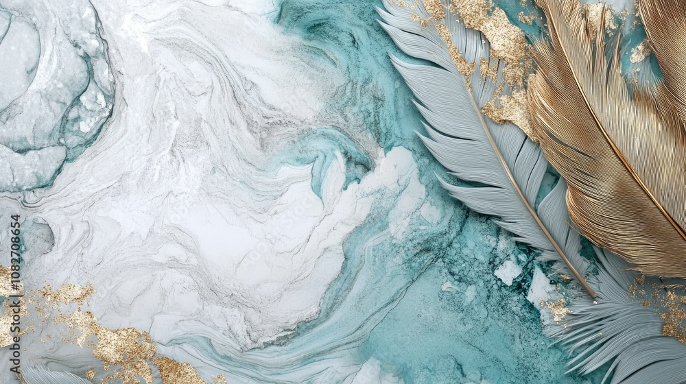 custom made wallpaper toronto digitalElegant Marble Background with Golden Feathers and Aqua Swirls for Decorative Design and Creative Projects