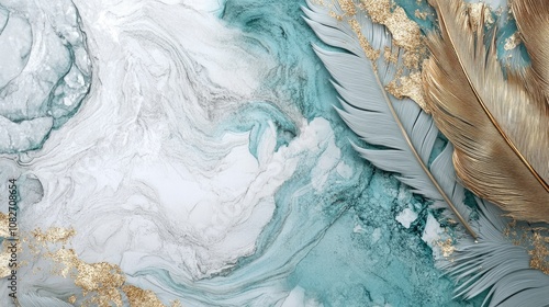 Wallpaper Mural Elegant Marble Background with Golden Feathers and Aqua Swirls for Decorative Design and Creative Projects Torontodigital.ca
