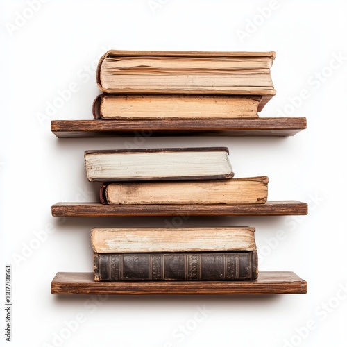 A deserted library with layers of dust covering old books and wooden shelves photo