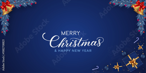 Merry Christmas - Blue Background with Christmas Wreath. Christmas Design. Happy Christmas. Poster, Banner, printed. Typography, Typography, 