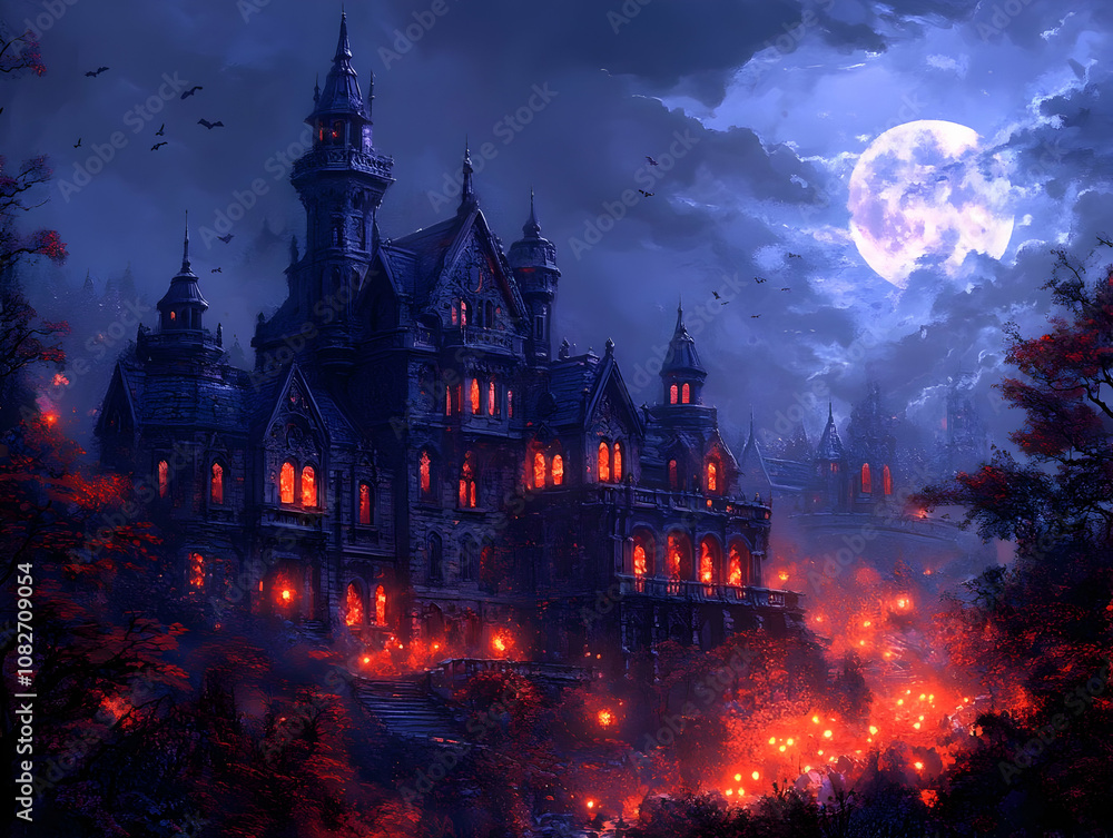 Illustration-Gothic Castle, Moonlit Night, Halloween Illustration-Gothic Castle, Moonlit Night, Halloween