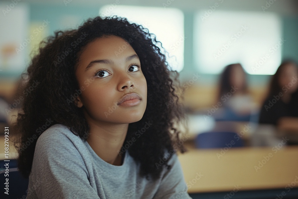 Teen Black female student sitting in classroom, looking at board, modern classroom setting, natural lighting 2 Teen Black female student sitting in classroom, looking at board, modern classroom setting, natural lighting 2