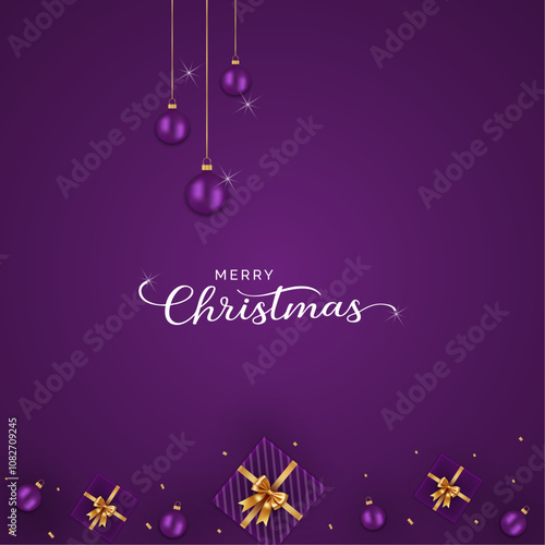 Merry Christmas - Purple Background with Hanging Ornaments and Gifts. Merry Christmas Poster. Typography, Typography, 