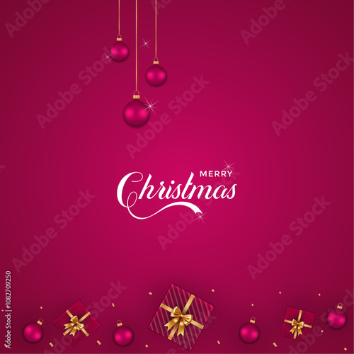 Merry Christmas - Red Background with Hanging Ornaments and Gifts. Typography, Typography, 