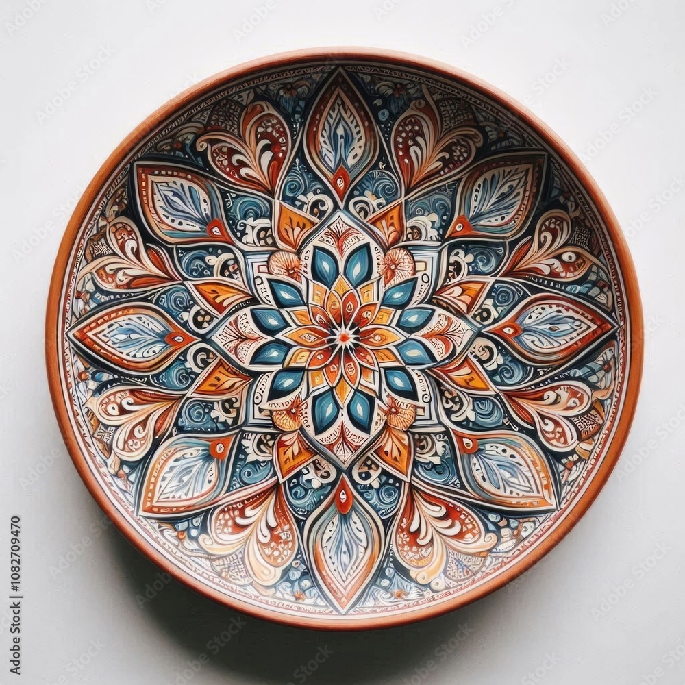 Decorative ceramic plate hand painted with acrylic paints is a handmade piece and is an element of folk art. AI generated. Decorative ceramic plate hand painted with acrylic paints is a handmade piece and is an element of folk art. AI generated.