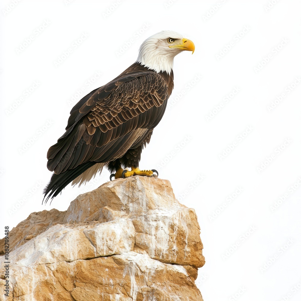 Obraz premium A majestic bald eagle perched atop a rugged cliff surveying the valley below