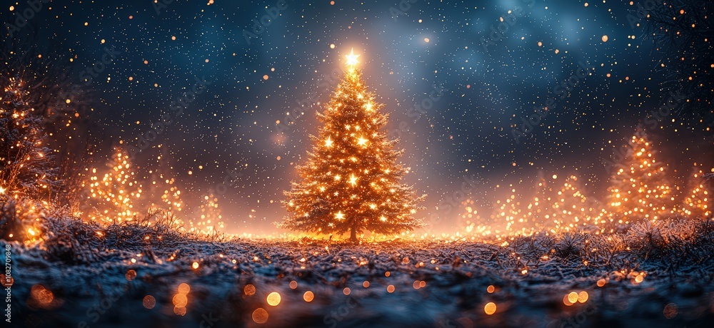 A golden Christmas tree is adorned with stars, creating an enchanting backdrop against the night sky. A golden Christmas tree is adorned with stars, creating an enchanting backdrop against the night sky.