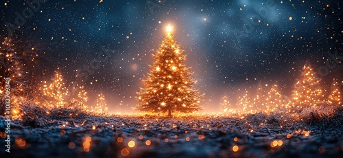 A golden Christmas tree is adorned with stars, creating an enchanting backdrop against the night sky. 