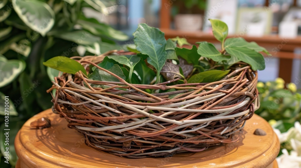 A woven wicker basket filled with green leaves and twigs, sitting on a wooden table. A woven wicker basket filled with green leaves and twigs, sitting on a wooden table.
